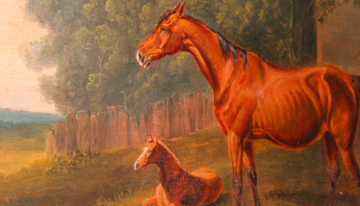 19th-C. British Equestrian Portrait of a Mare and Foal, Signed “J. F. Herring”