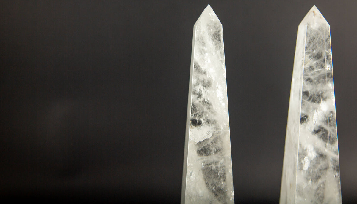Pair of Hand-Carved Rock Crystal Obelisks on Stepped Bases, 12"