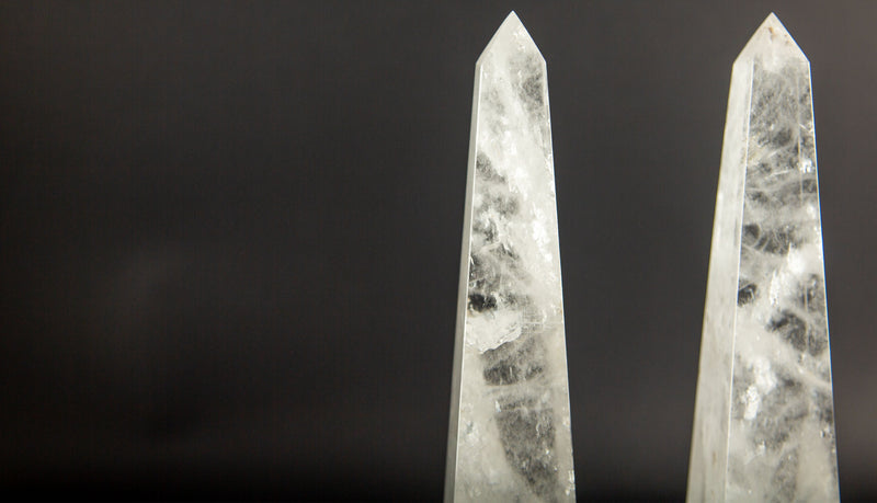 Pair of Hand-Carved Rock Crystal Obelisks on Stepped Bases, 12"
