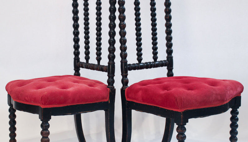 Pair of Napoleon III Ebonized Bobbin-Turned Chairs with Red Velvet Upholstery
