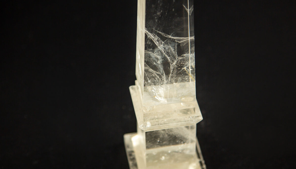 Hand-Carved Clear Rock Crystal Obelisk on Stepped Base, 12.5"