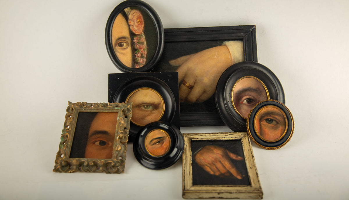19th-Century Lover's Eye Fragment with Floral Headdress in an Ebonized Frame