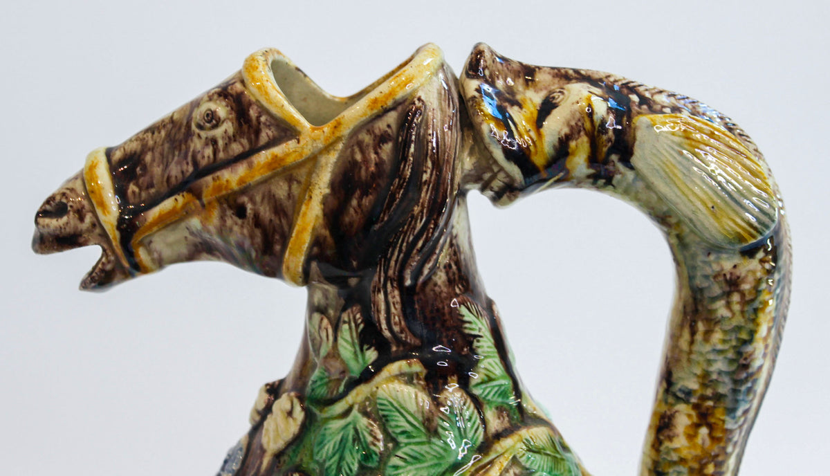 English Majolica Figural Pitcher with Horse-Head Spout and Fish Handle, 19th/20C