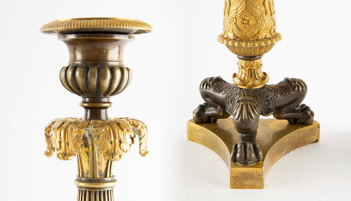 Guardians of the Flame: Pair of Early 19th C Gilt Bronze French Candlesticks