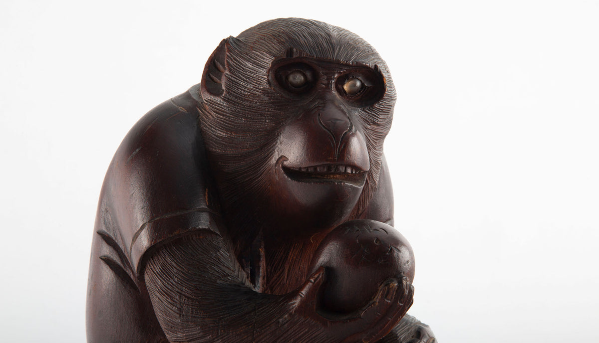 The Watchful Monkey: Early 20th Century Japanese Wood Carving of a Monkey