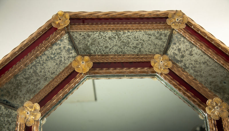 "Ruby Regatta" Venetian Octagonal Mirror with Murano Glass Rosettes