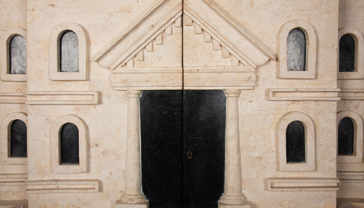 Monumental Fossil Stone and Black Marble Bar - Cabinet with Brass and Iron Base