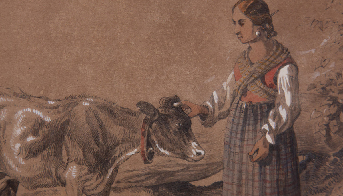 Antonie Sminck Pitloo Drawing of Young Woman with Cow
