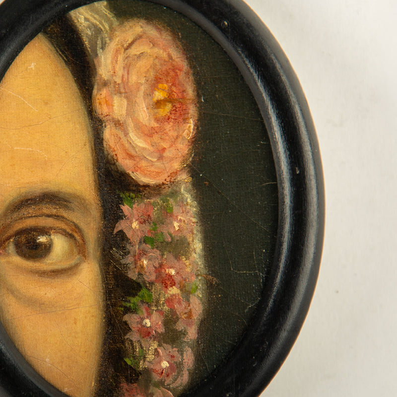 19th-Century Lover's Eye Fragment with Floral Headdress in an Ebonized Frame