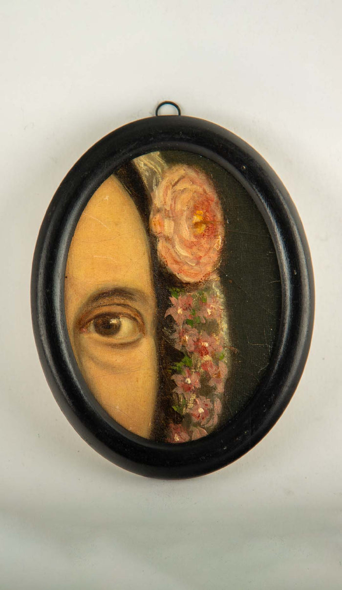 19th-Century Lover's Eye Fragment with Floral Headdress in an Ebonized Frame