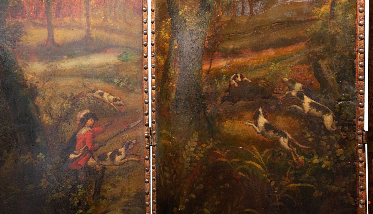 Late 19th Century Painted Screen with Hunt Scene