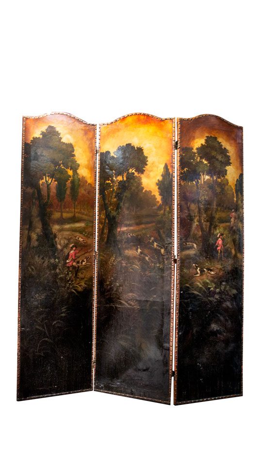 Late 19th Century Painted Screen with Hunt Scene